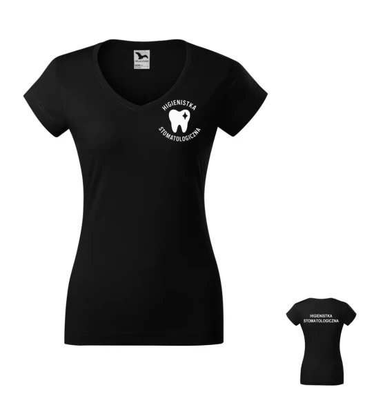 Koszulka V-neck Damska Higienistka stomatologiczna 180g - Fit V-neck – czarny – przód i tył bez modela