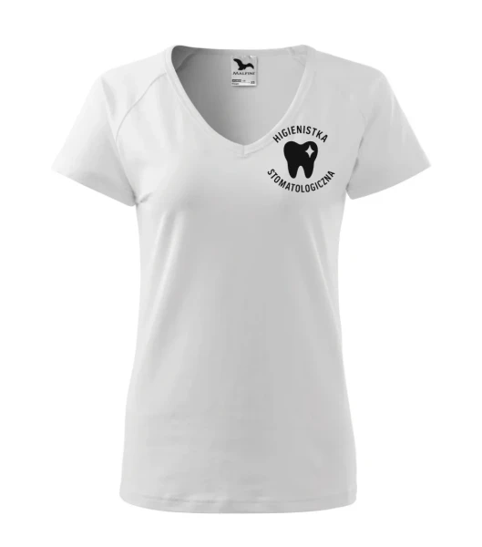 Koszulka V-neck Damska Higienistka stomatologiczna 180g - Dream – biały – przód bez modela