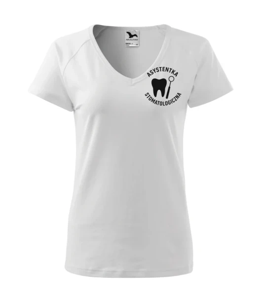 Koszulka V-neck Damska Asystentka stomatologiczna 180g - Dream – biały – przód bez modela