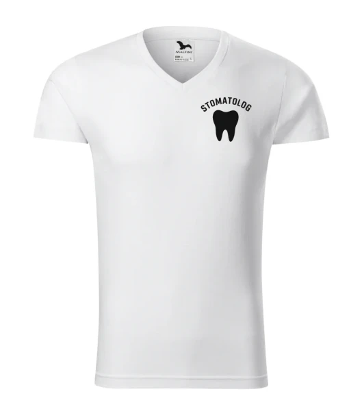 Koszulka V-neck Męska Stomatolog 180g - Slim Fit – biały – przód bez modela