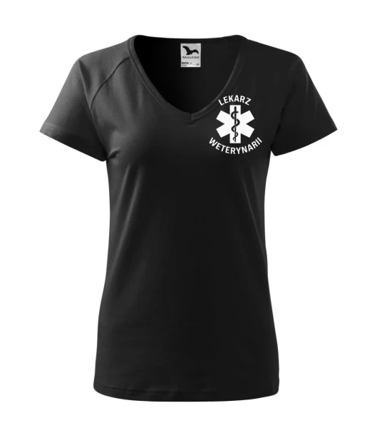 Koszulka V-neck Damska Lekarz weterynarii 180g - Dream – czarny – przód bez modela