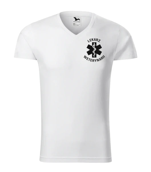 Koszulka V-neck Męska Lekarz weterynarii 180g - Slim Fit – biały – przód bez modela