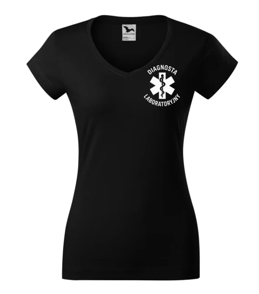 Koszulka V-neck Damska Diagnosta laboratoryjny 180g - Fit V-neck – czarny – przód bez modela