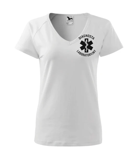 Koszulka V-neck Damska Diagnosta laboratoryjny 180g - Dream – biały – przód bez modela
