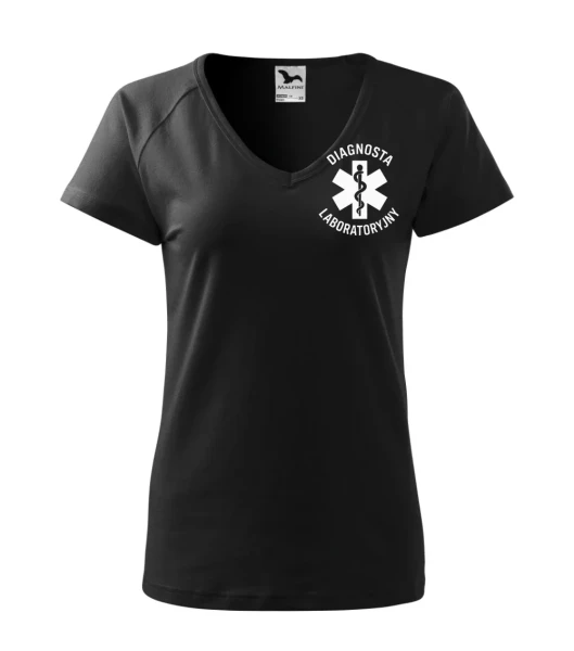 Koszulka V-neck Damska Diagnosta laboratoryjny 180g - Dream – czarny – przód bez modela