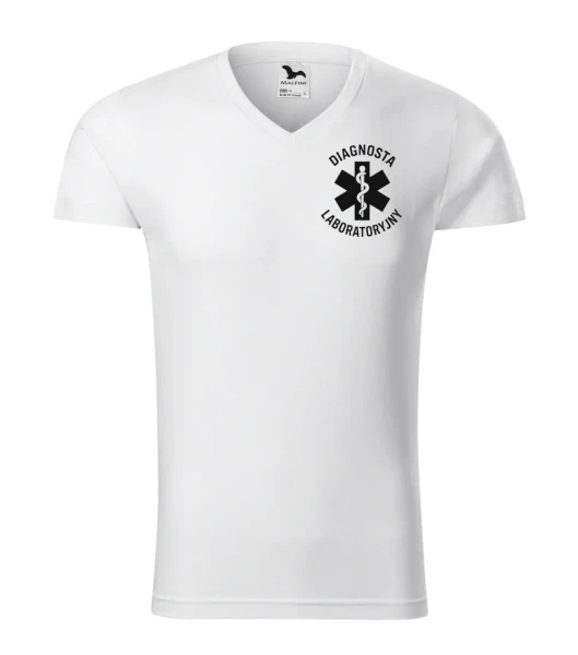 Koszulka V-neck Męska Diagnosta laboratoryjny 180g - Slim Fit – biały – przód bez modela