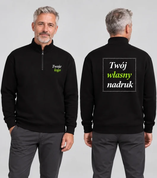 Bluza Męska z Krótkim Zamkiem i Własnym Nadrukiem 290g - JHK Half Zip — model: przód i tył