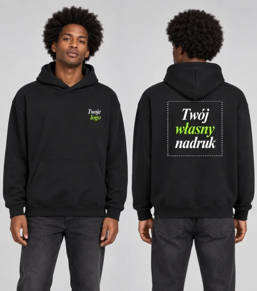 Bluza Unisex Oversize z Kapturem i Własnym Nadrukiem 320g - JHK Kangaroo Oversize — model: przód i tył