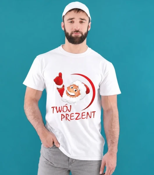 Koszulka Męska Świąteczna Twój Prezent – na modelu – zbliżenie — wariant biały
