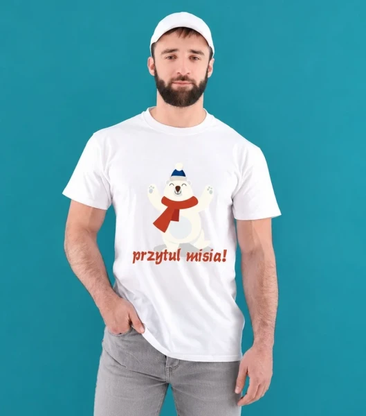Koszulka Męska Świąteczna Przytul Misia – na modelu — wariant biały