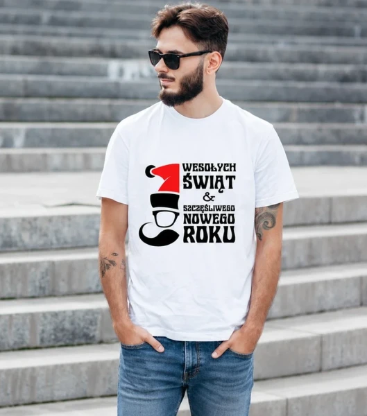 Koszulka Męska Wesołych Świąt – na modelu — wariant biały