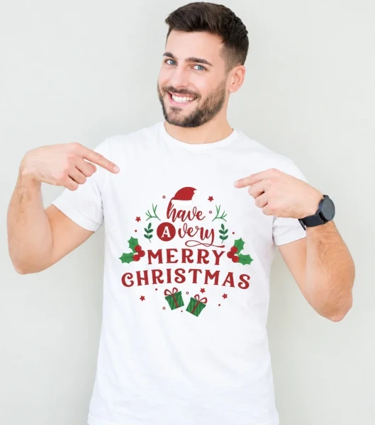Koszulka Męska Świąteczna Merry Christmas na modelu — wariant biały