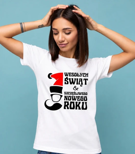 Koszulka Damska Wesołych Świąt na modelce — wariant biały