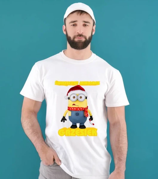 Koszulka Męska T-Shirt Świąteczny Minionek Z Imieniem — wariant biały