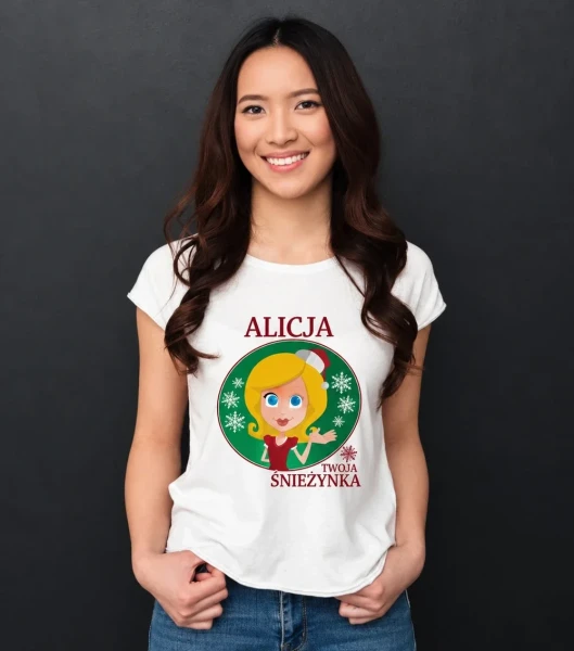 Koszulka Damska T-Shirt Urocza Śnieżynka + imię — wariant biały