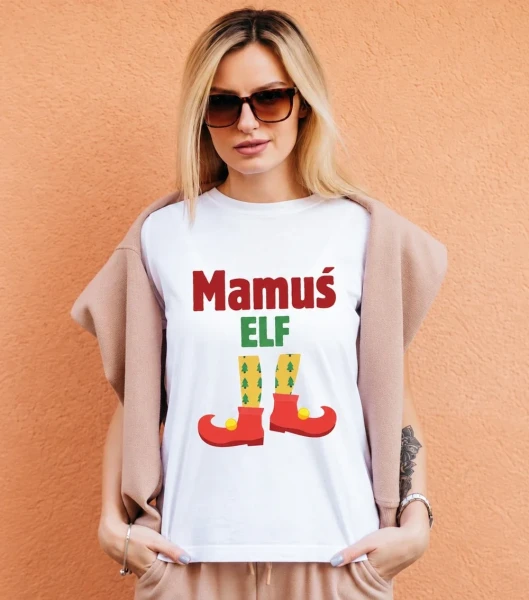 Koszulka Damska T-Shirt Mamuś Elf — wariant biały
