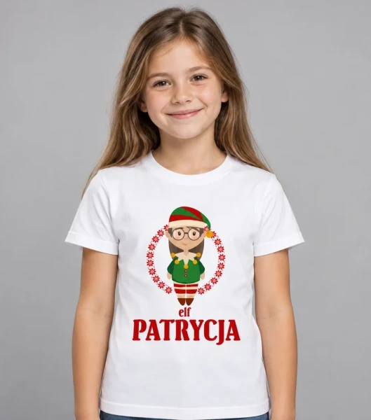 Koszulka Dziecięca Świąteczna Elf + imię na dziecku — wariant biały